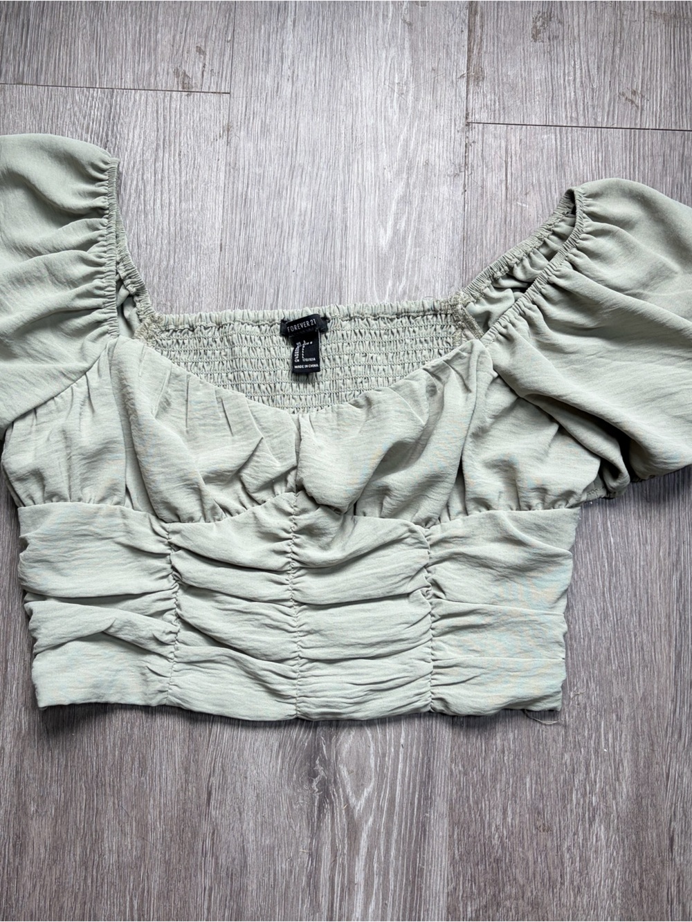 Forever 21 Sage Green Smocked Crop Top with Puff Sleeves